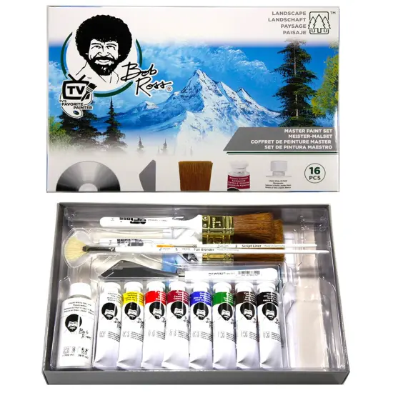Bob Ross Master Paint Set Artist Bundle - Includes Travel Easel, Pre Stretched Painting Canvas, Natural Brush Cleaner, Clear Acrylic Palette, and Cleaning Bucket & Screen {3}