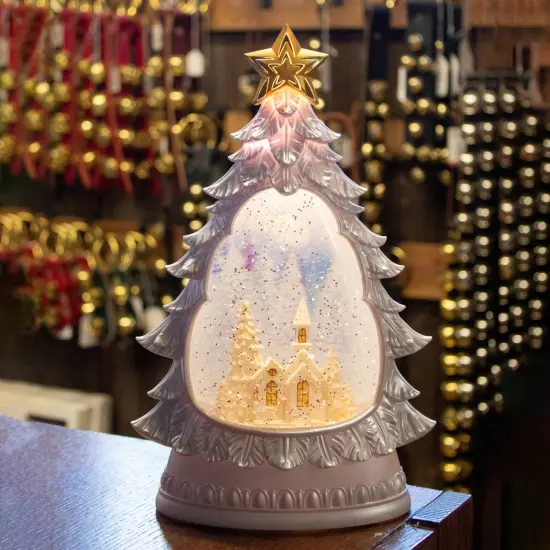 Gerson Lighted Water Globe Decoration, Christmas Tree Decor with Timer, Tree-Shaped Lit Shimmer Snow Globe with Snowy Church Scene, 12&rdquo; {7}
