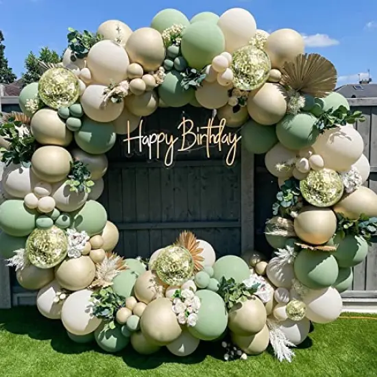 130 Pieces Sage Green Gold Balloons Garland Kit,Olive Green Gold Confetti Blush Balloons Arch for Birthday Baby Shower Bridal Shower Engagement Wild One Party Decor&hellip; {1}