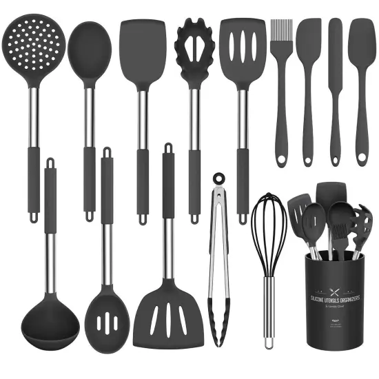 15 Pieces Silicone Cooking Utensil Set, Umite Chef Silicone Cooking Kitchen Utensils Set, Non-stick - Best Kitchen Cookware with Stainless Steel Handle - Black {1}