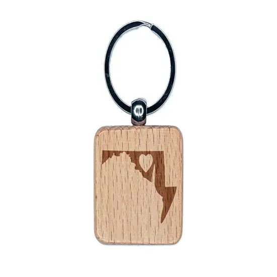 Maryland State with Heart Engraved Wood Square Keychain Tag Charm {1}