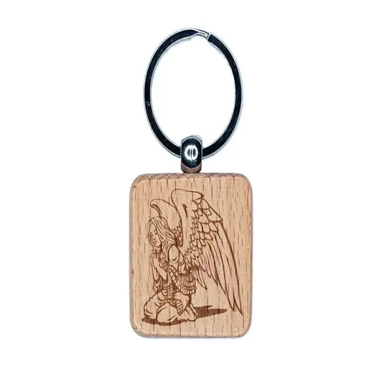 Praying Winged Angel Woman Engraved Wood Square Keychain Tag Charm {1}