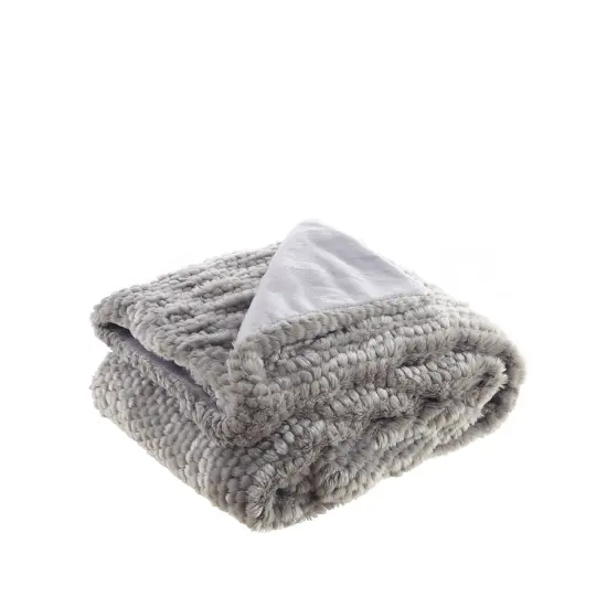 Adina Faux Fur Honeycomb Texture Knit Throw Grey {2}