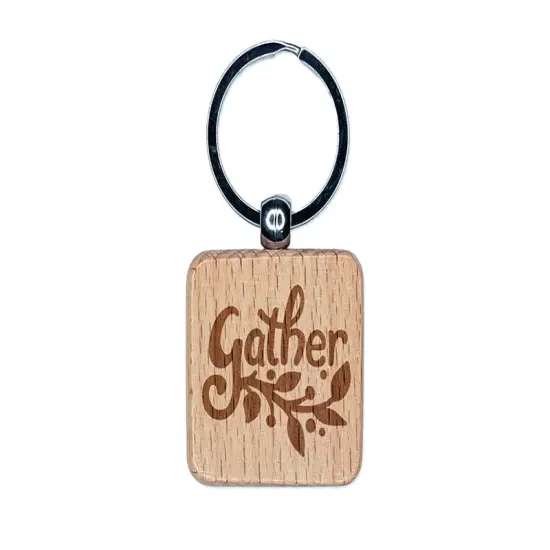 Gather Pretty Foliage Autumn Fall Harvest Engraved Wood Square Keychain Tag Charm {1}