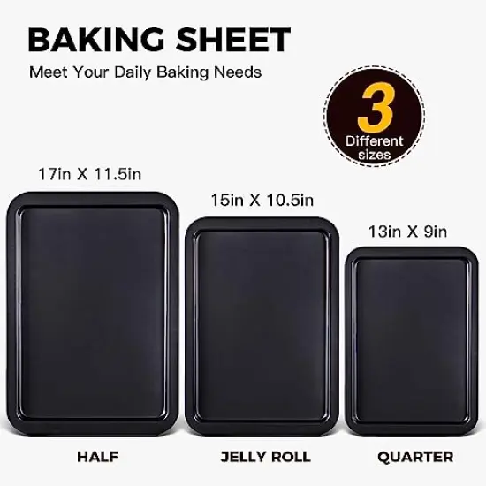 3 PACK Baking Sheet Pan Set, Cookie Sheet for Oven, Nonstick Bakeware Sets with Wider Grips, 3 Pack Half/Jelly Roll/Quarter Baking Tray, Premium, Dishwasher Safe - Dark Grey {1}
