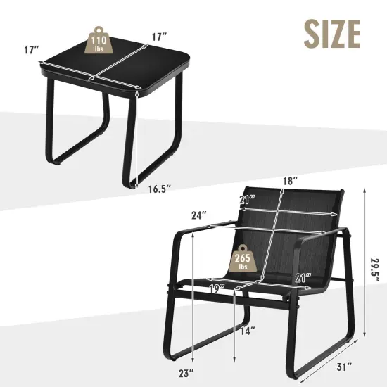 3 Pieces Patio Bistro Furniture Set with Glass Top Table Garden Deck-Black {4}