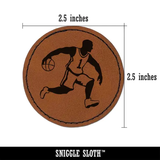 Basketball Player Dribbling Ball Running Round Iron-On Engraved Faux Leather Patch Applique - 2.5" Brown {2}