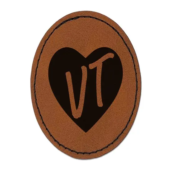 VT Vermont State in Heart Round Iron-On Engraved Faux Leather Patch Applique - 2.5" Brown {1}