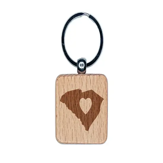 South Carolina State with Heart Engraved Wood Square Keychain Tag Charm {1}
