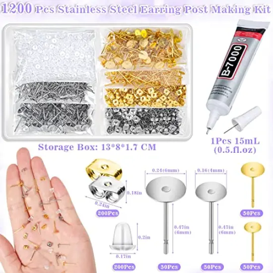 600 pieces Jewelry Glue with Earring Posts for Jewelry Making, Stainless Steel Earring Posts and Backs Silver and Gold Earring Posts with Rubber Earring Backs for Earring Making Supplies {6}