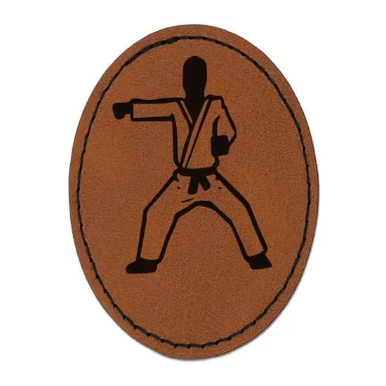 Kung Fu Martial Arts Rider Stance Karate Gi Round Iron-On Engraved Faux Leather Patch Applique - 2.5" Brown {1}
