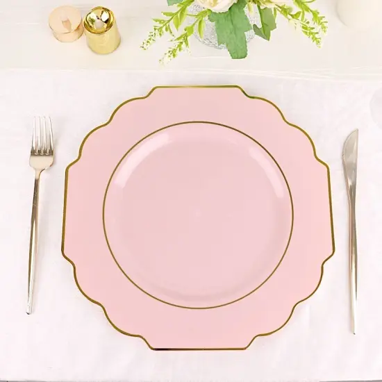 10 Pcs 12" Disposable Baroque Plastic Dinner Plates with Gold Rim Blush {1}