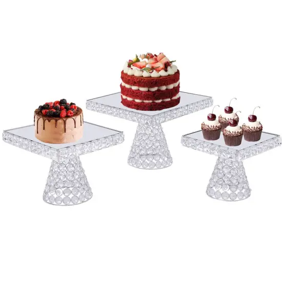 New silver metal cake stand set with mirror tray for dessert decoration. {1}