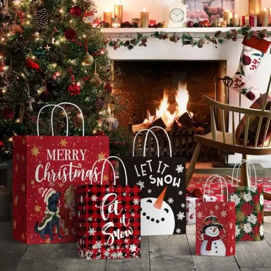24 Christmas Gift Paper Bags Bulk with handles Wrapping Xmas Holiday Presents(6 Jumbo,6 Large,6 Medium,6 Small) {6}