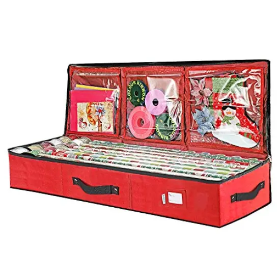 Wrapping Paper Storage Container | Gift Wrap Organizer Under Bed | 41”x14”x6” | Fits 18-24 Rolls Up to 40” | Durable 600D Oxford Material | Box Holder with Pockets for Ribbon, Bows and Accessories (Red) {2}