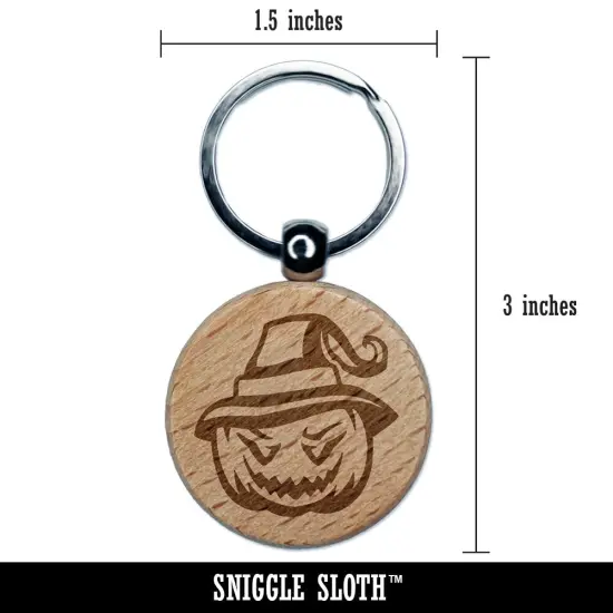 Jack-O'-Lantern Pumpkin Wearing Witch Hat Halloween Engraved Wood Round Keychain Tag Charm {2}