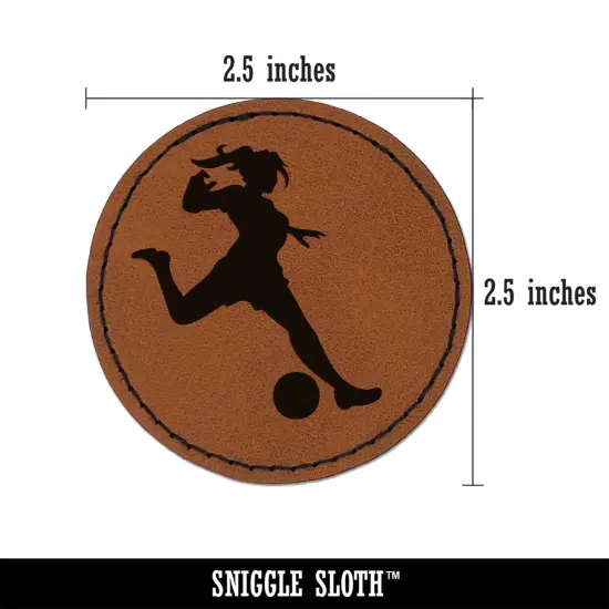 Soccer Player Woman Kicking Ball Association Football Round Iron-On Engraved Faux Leather Patch Applique - 2.5" Brown {3}