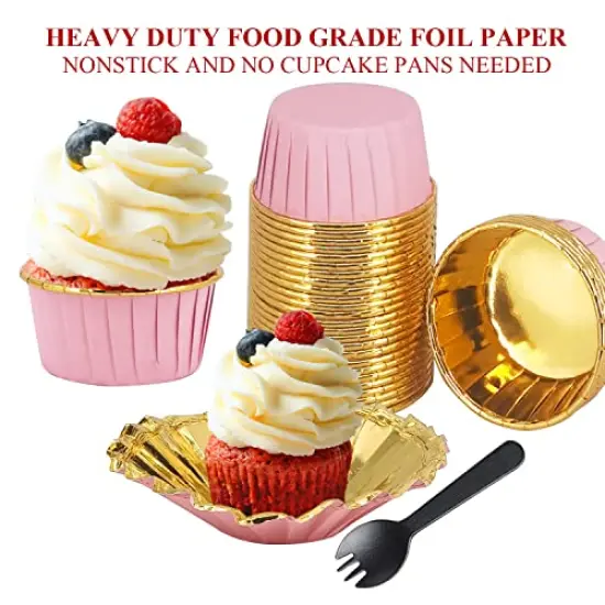100 Sets Cupcake Liners And Wrapers With Lids ,5.5 Oz Large Foil Muffin Tins Or Liners,Disposable Baking Cups, Cupcake Wrappers Holders For Wedding Valentine-Pink in gold {2}