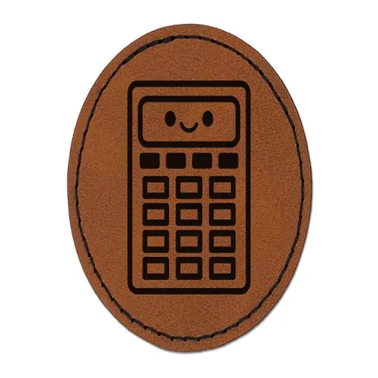 Kawaii Calculator Math Teacher School Round Iron-On Engraved Faux Leather Patch Applique - 2.5" Brown {1}