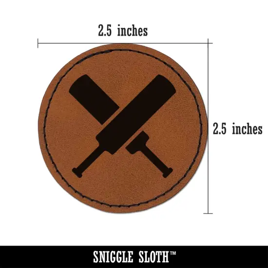 Crossed Cricket Bats Round Iron-On Engraved Faux Leather Patch Applique - 2.5" Brown {3}