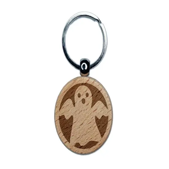 Spooky Halloween Ghost Engraved Wood Round Keychain Tag Charm {1}