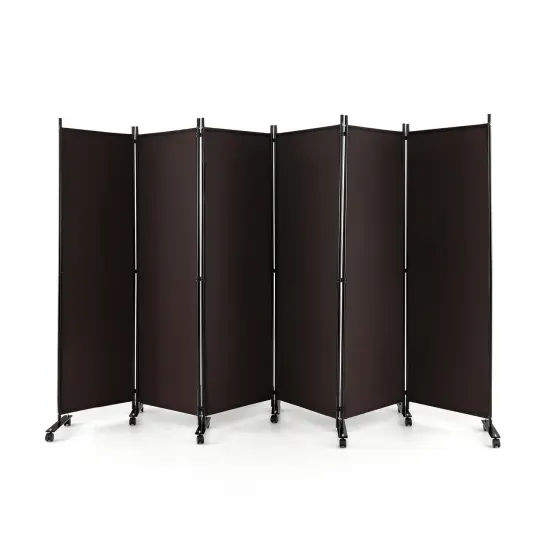 6 Panel 5.7 Feet Tall Rolling Room Divider on Wheels Brown {1}