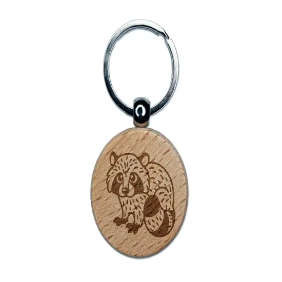 Baby Raccoon Woodland Animal Engraved Wood Round Keychain Tag Charm {1}