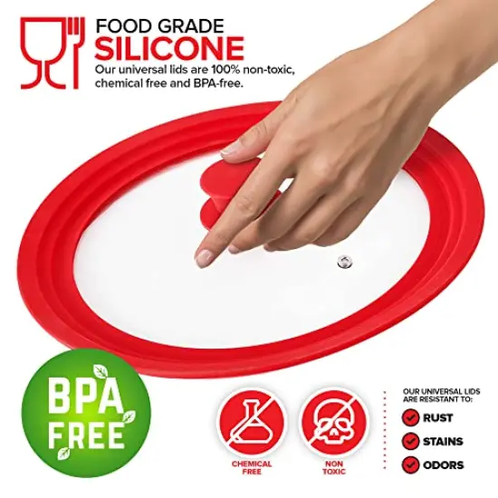 (Set of 2)Universal LidsFits 7 to 12-Inch Cookware, Silicone Replacement Pan Lid, Glass Top Covers for Skillets, Pots, Frying Pans, Cast Iron - Red {6}
