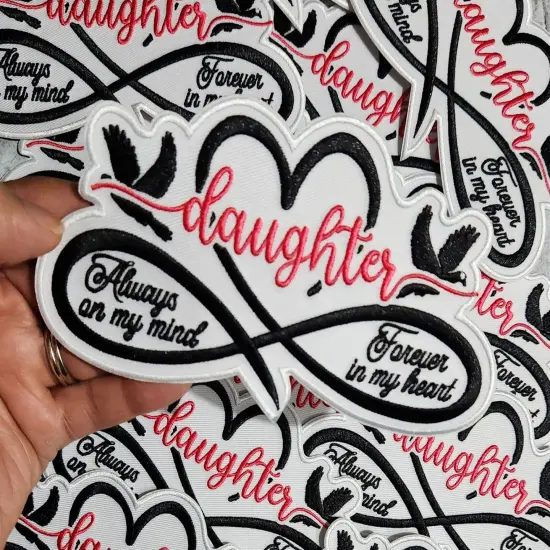Memorial Infinity Collection: Patch Party Club, "DAUGHTER" Eternal Remembrance 1-pc, Iron-On Embroidered Patch, Sz 6", Tribute Honor {5}