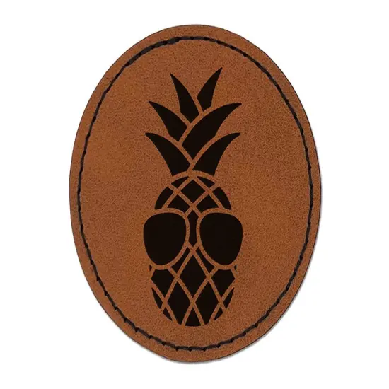 Pineapple Wearing Sunglasses Round Iron-On Engraved Faux Leather Patch Applique - 2.5" Brown {1}