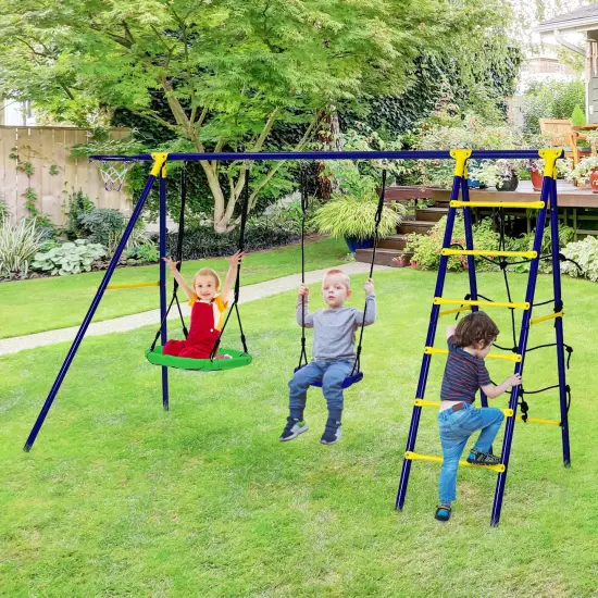 5-In-1 Outdoor Kids Swing Set with A-Shaped Metal Frame and Ground Stake {1}