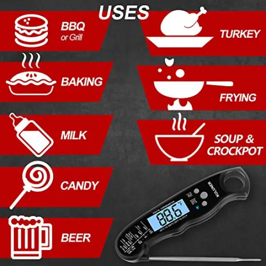 Waterproof Digital Instant Read Meat LCD Thermometer with 4.6&rdquo; Folding Probe Backlight & Calibration Function for Cooking Food Candy, BBQ Grill, Liquids,Beef(Black) {3}
