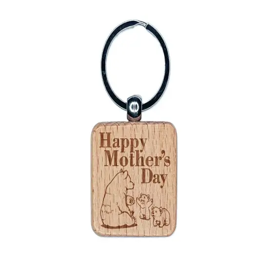 Happy Mother's Day Momma Bear with Cubs Engraved Wood Square Keychain Tag Charm {1}