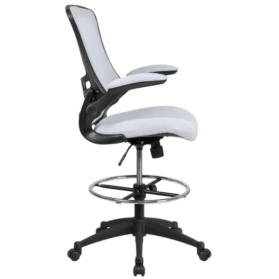 Emma and Oliver Mid-Back Mesh Ergonomic Drafting Chair with Foot Ring and Flip-Up Arms WhiteMesh/BlackFrame {5}