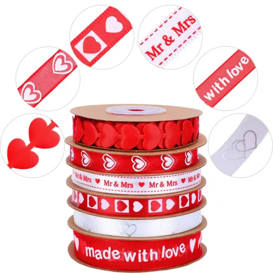 6 Pieces Valentine's Day Ribbons Printed Heart Wired Ribbons Craft Satin Ribbons for Gift Wrapping DIY Supplies {4}