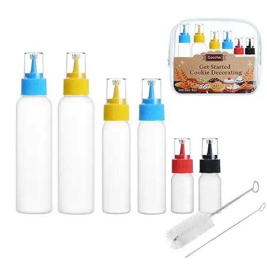 Cookie Icing Bottles, 6 Squeeze Applicator Bottles, 2 each (1, 2 and 4 ounces), Royal Icing Tools, Cake Sugar Cookie Decorating Supplies, Food Coloring, Frosting, Pancake Arts and Crafts Kit {1}