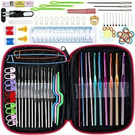 100-piece Crochet Hook Set, including yarn, knitting needles, sewing tools, and a handy zipper case. {1}