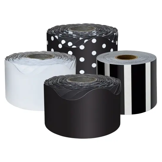 Carson Dellosa 4 Rolls of 260 Ft of Scallop Black and White Bulletin Board Borders, Striped, Polka Dot Black and White Borders for Bulletin Board & Classroom D&eacute;cor, 65 Ft Per Roll {1}