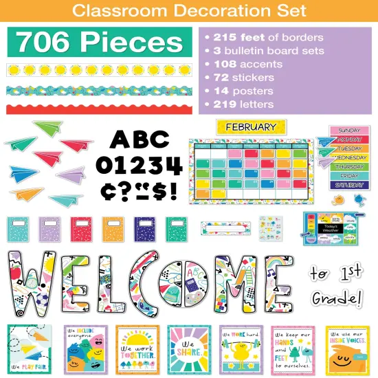 Carson Dellosa Happy Place 706PC Teacher Supplies, Calendar, Welcome Banner, Borders, Posters, Stickers, Name Labels for Kids and More Back to School Decorations for Bulletin Board and Classroom Decor {1}