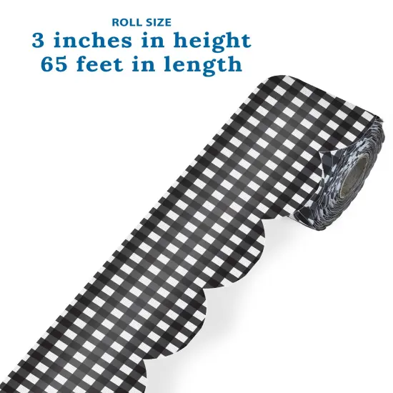 Carson Dellosa Farmhouse 65Ft of Black and White Gingham Bulletin Board Borders, 1 Roll of Scalloped Trim for Rolling Whiteboard, Cork and Posterboard, Party, Office Decorations, and Classroom Decor {3}