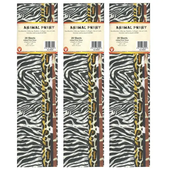 Tissue Paper, Animal Print Assortment, 20" x 30", 20 Sheets Per Pack, 3 Packs {1}