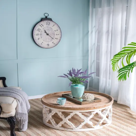 18" x 29" Antique White Oval Wall Clock, Traditional Vintage Home Decor Clock {1}