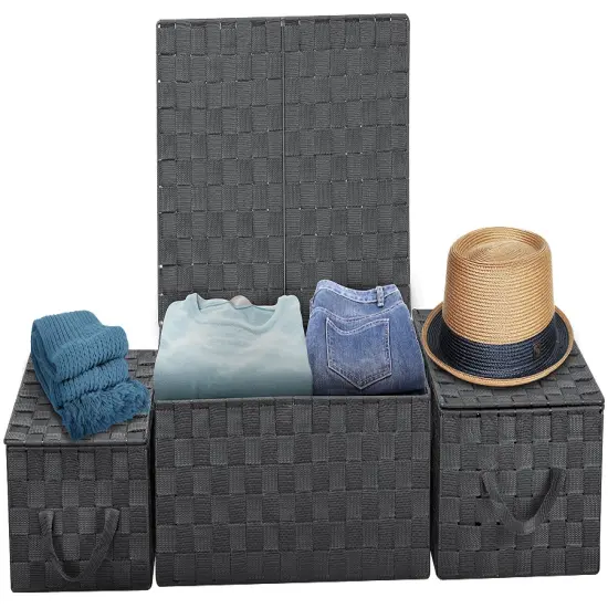 Sorbus Woven Basket Bin Set - Shelf Storage Tote Baskets for Household Items - Stackable with lid, Woven Straps and built-in Carry Handles (3 Pack) Gray {4}