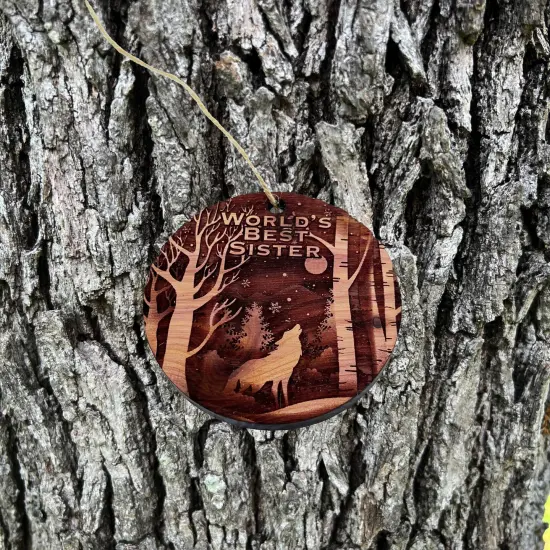 Winter Wolf Worlds Best Sister - cedar ornament {2}