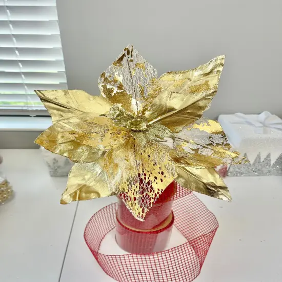 Metallic Gold Mesh Poinsettia Stem Flower Set of 2 {1}