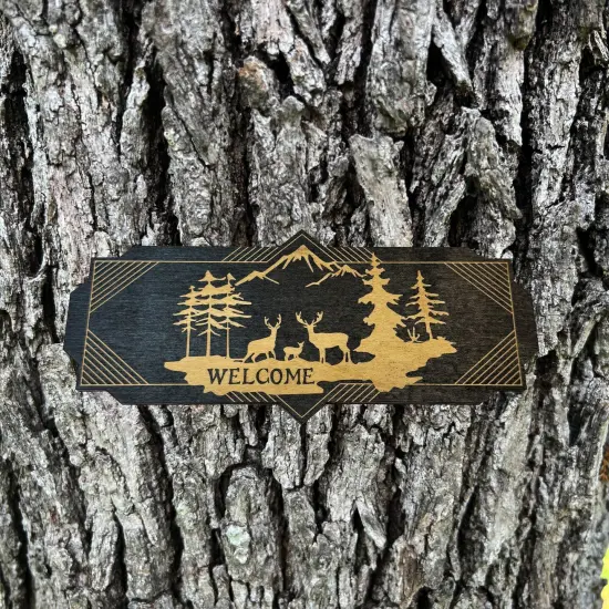 Art Deco Welcome Deer Scene - BLACK Sign 4x8 {3}
