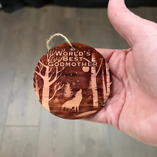 Winter Wolf Worlds Best Godmother - cedar ornament {4}