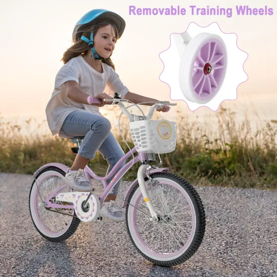 Babyjoy 18 Inch Kid Bike 95% Pre-Assembled Girls Bicycle with Training Wheels & Basket Age 6-9 Years Old Pink/Purple {3}