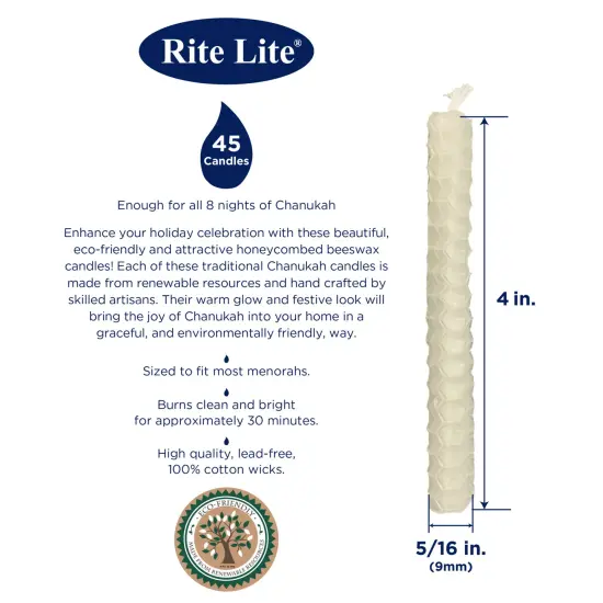 Rite Lite White Eco-Friendly Natural Beeswax Hanukkah Menorah Candles 4" Ivory {6}