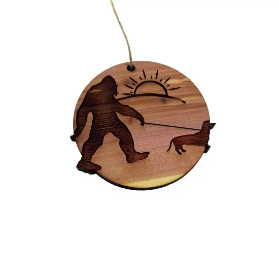 Sasquatch walking his dog - Cedar Ornament {3}
